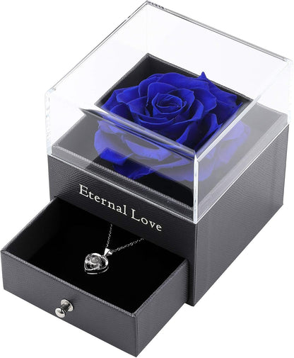 Mothers Day Flower Gifts for Her, Preserved Real Flower Rose with Silver-Tone Heart Necklace I Love You in 100 Languages Gift Set, Enchanted Flower Rose Gifts, Blue